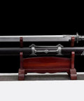 Ring Pommel Song Dao Hand Forged High Manganese Steel Blade With Rosewood Scabbard And Exclusive Alloy Fittings on display stand
