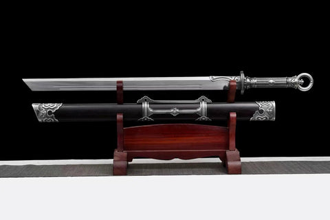 Ring Pommel Song Dao Hand Forged High Manganese Steel Blade With Rosewood Scabbard And Exclusive Alloy Fittings on display stand