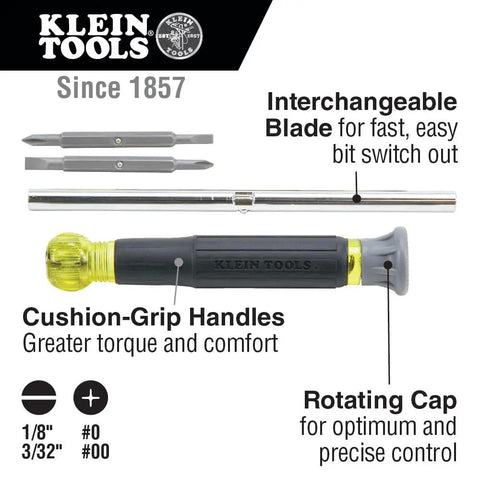 4-In-1 Electronics Screwdriver Set With Non-Magnetic Tips, Includes 2 Slotted And 2 Phillips Precision Machined Bits, Free-Spinning Cap For Palm Rest, Chrome-Plated Barrel, Ideal For Terminal Blocks shown with interchangeable blades and cushion-grip handle.