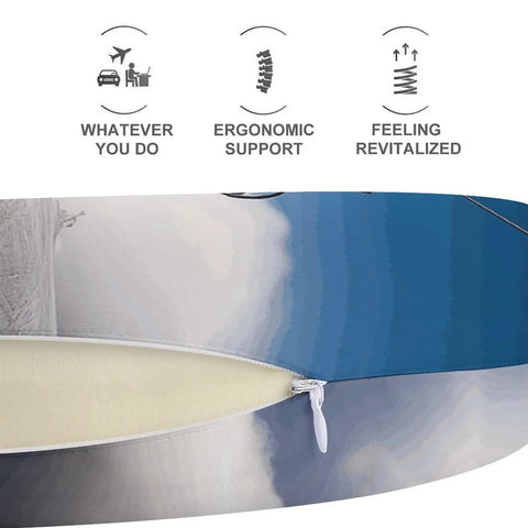 Zipper opening of Sunshine U Shape Travel Pillow with ergonomic memory foam support for long haul flights and office naps.