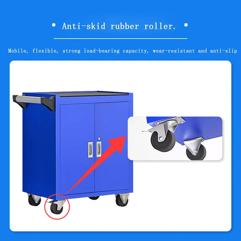 Rolling Tool Cabinet Cart With Wheels And Handle 2 Drawers And 2 Doors Heavy Duty Workshop Storage Chest In Blue Style 2 Perfect For Home Garage Mobile Storage And DIY Projects, anti-skid rubber rollers