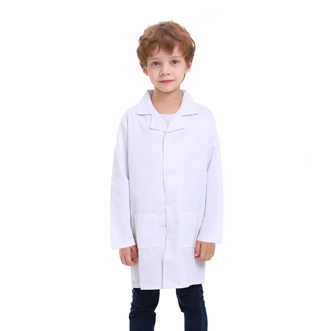 Child wearing Kids Lab Coat For Role Play Science Dress Up White Unisex Size 10 12 Button Front With Front Pockets Machine Washable