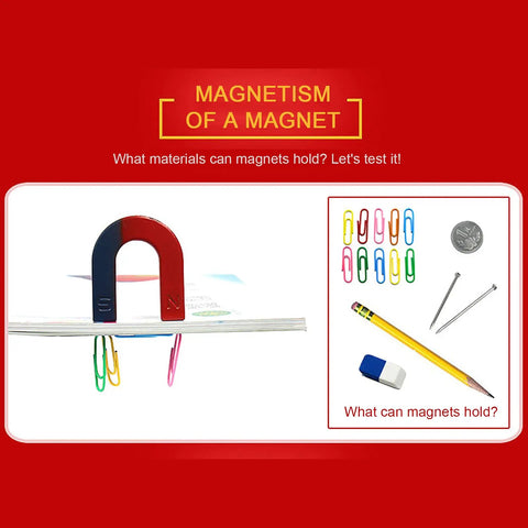 U-shaped magnet holding paper clips, part of Multi Function Magnet Kit For Hands On Physics Experiments Electromagnet Teaching Set.
