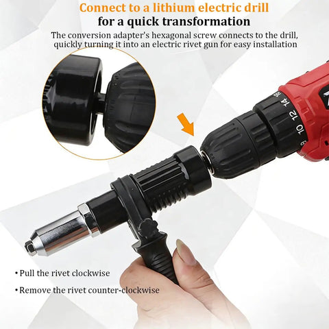 Connection of drill to Cordless Rivet Gun Adapter Kit With 2.4mm 3.2mm 4.0mm And 4.8mm Heads For Automotive Riveting Tool