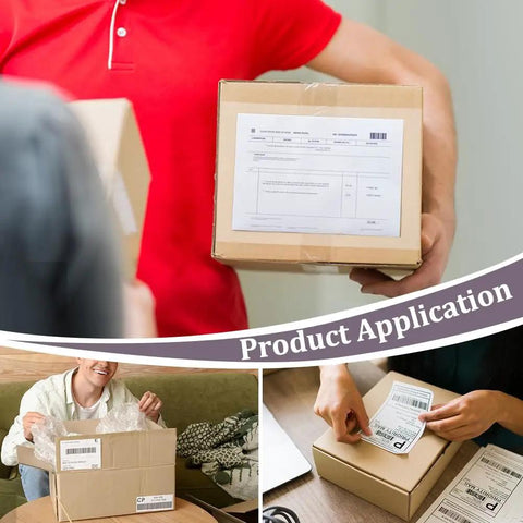 600 Pack Self Adhesive Packing Slip Pouch And Shipping Label Sleeves With Heavy Duty Grip For Your Daily Hustle And Smooth Office Organization No Sweat Document Sleeves in use on package.