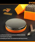 OWDEN 36-piece steel stamp set with 3/16 in (5 mm) number and letter punches; orange bench block included