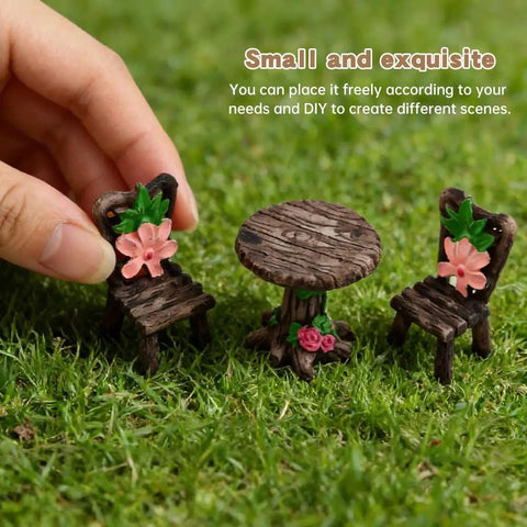 Fairy Garden Miniature Table And Chairs Set, 10 Pcs Resin Benches And Dining Kit, on grass with hand-painted flowers