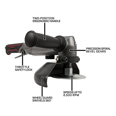 Heavy Duty 7 Inch Pneumatic Angle Grinder Packing 8500 Rpm With An Ergonomic Grip and two-position handle.