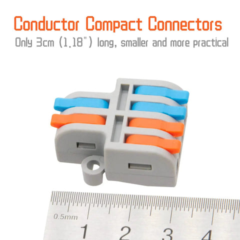 10 Pack Lever Wire Connectors, 2 In 4 Out Quick Wiring Cable Connectors For 24 12 AWG next to ruler showing compact size