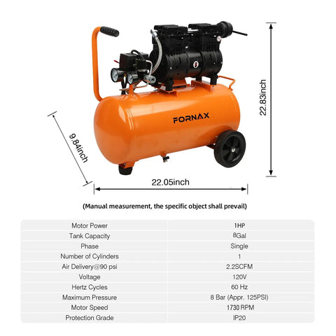 Fornax 8 Gallon Air Compressor With 1HP Oil Free Motor Delivering 2.2 Cfm At Max 125 Psi. Ultra Quiet 70 Db Design Makes This Portable Tank Perfect For Nail Guns, Tire Inflation, And Diy Home Projects While The Lightweight Frame With Wheels Ensures Easy