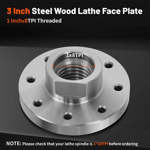 Heavy Duty 3 Inch Steel Wood Lathe Faceplate With 1 Inch By 8 Tpi Thread, Eight Mounting Holes, Thick Flat Plate For Woodturning