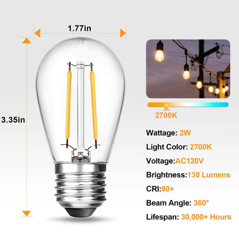Six Pack 2W LED Light Bulbs Equivalent To 15W 20W For S14 Replacement Outdoor String Lights And Sputnik Chandler Shatterproof 2700K