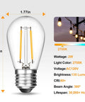 25 Pack 2W S14 LED Bulbs Replacement for Outdoor String Lights, product dimensions, features, and warm glow illustration.