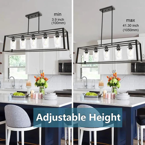 Five Light Kitchen Island Pendant Light With Seeded Glass In Matte Black, adjustable height in kitchen setting