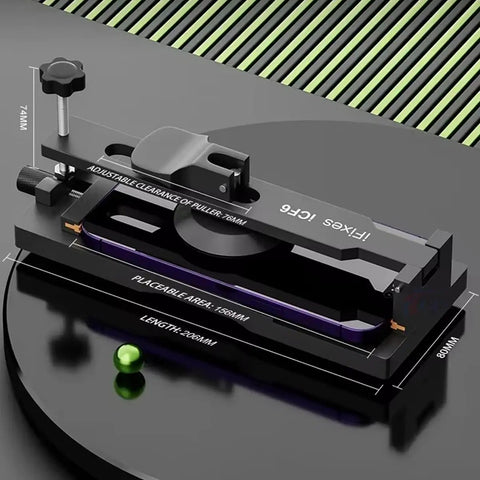 Universal LCD Screen Separator With Heating Free Opening Strong Suction Cup on black circular base with clamps and measurements.