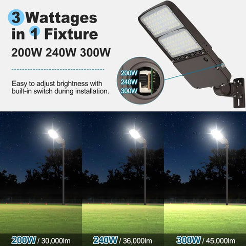 Diagram of Beefy 300W LED Parking Lot Light With Photocell Outdoor Dimmable Pole Light showing wattage options 200W 240W 300W