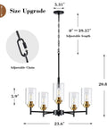 Three Light Linear Kitchen Island Chandelier with adjustable chain and glass shades, black and gold finish diagram
