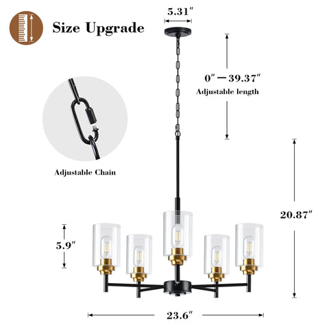 Three Light Linear Kitchen Island Chandelier with adjustable chain and glass shades, black and gold finish diagram