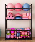 No Sweat Heavy Duty Metal Yoga Mat Storage Rack And Commercial Floor Standing Gym Organizer Shelf with colorful fitness gear.