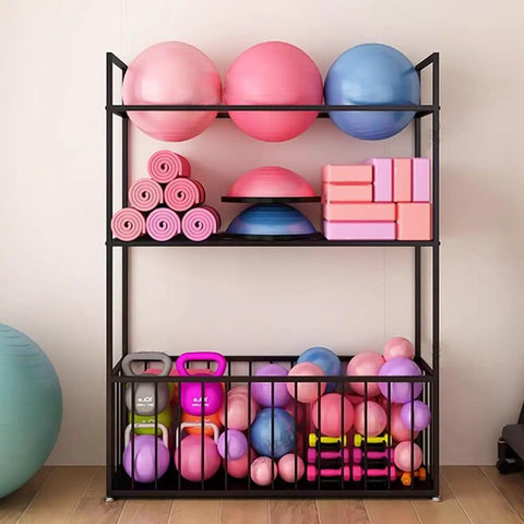 No Sweat Heavy Duty Metal Yoga Mat Storage Rack And Commercial Floor Standing Gym Organizer Shelf with colorful fitness gear.