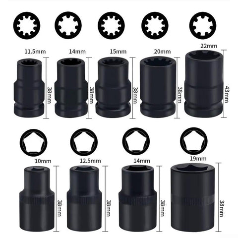 Solid 17 Piece Brake Caliper Socket Set Made From Heavy Chrome Vanadium Steel With Hex Adapters For 1/2 And 3/8 Inch Ratchets Plus Tough Storage Case To Keep Your Garage Tools Nice And Organized, 11.5mm to 22mm sockets shown