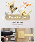 Exploded view of Keyless Privacy Door Knob In Brushed Gold showing installation with a drill, thumb turn lock visible.