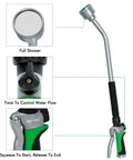 24 Inch Long Watering Wand With Flow Control And Gentle Soft Shower Sprayer Heavy Duty Metal Wand showing full shower head and trigger