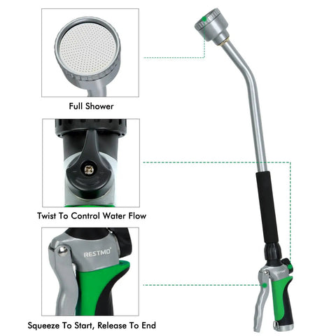 24 Inch Long Watering Wand With Flow Control And Gentle Soft Shower Sprayer Heavy Duty Metal Wand showing full shower head and trigger