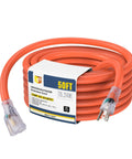 Coiled 50 Foot Lighted Outdoor Extension Cord with 10 Gauge 3 Conductor SJTW Orange Heavy Duty Cable Grounded 3 Prong Plug LED End.
