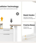 Anti-collision tech, desk hooks, and frame base details of Sit Stand Electric Standing Desk 48 By 24 Inches With Quiet Motor Smooth Height Adjustment From 28 To 46 Inches Ergonomic Computer Desk With Splice Board White Frame And Maple Top Ideal For Home Office