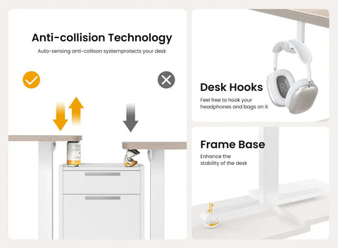 Anti-collision tech, desk hooks, and frame base details of Sit Stand Electric Standing Desk 48 By 24 Inches With Quiet Motor Smooth Height Adjustment From 28 To 46 Inches Ergonomic Computer Desk With Splice Board White Frame And Maple Top Ideal For Home Office