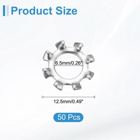 Fifty Piece One Quarter External Tooth Lock Washer Set In 304 Stainless Steel With Multi Tooth Star Design size chart shown
