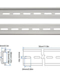 Five Pack 12 Inch Aluminum DIN Rails Top Hat Slotted 35mm Wide By 7.5mm High By 12 Inch Length With Ten MXU-DIN-100 Screws For Quick Easy Hardware Mounting In Electrical Panels Corrosion Resistant Durable And Ready For Fast Install. 12-inch aluminum slotted DIN rails with size diagram