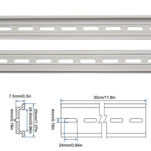 Five Pack 12 Inch Aluminum DIN Rails Top Hat Slotted 35mm Wide By 7.5mm High By 12 Inch Length With Ten MXU-DIN-100 Screws For Quick Easy Hardware Mounting In Electrical Panels Corrosion Resistant Durable And Ready For Fast Install. 12-inch aluminum slotted DIN rails with size diagram