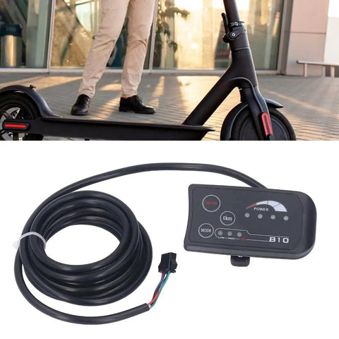 810 LED E Bike Display Panel 36V and 48V With 4 Wire SM Plug shown with coiled cable next to electric scooter.