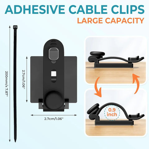 Cable Management Kit With 15 Adhesive Cable Holders showing dimensions and cord capacity of 0.9 inch.