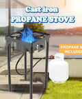 Go To Portable Propane Stove For Outdoor And Indoor Use with single burner, flame on, cast iron, propane not included.
