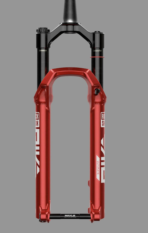 Front view of Pike Ultimate 29 Inch Suspension Fork With 120mm Travel And 140mm Option in Electric Red, 15x110 Boost Axle, 44mm Offset