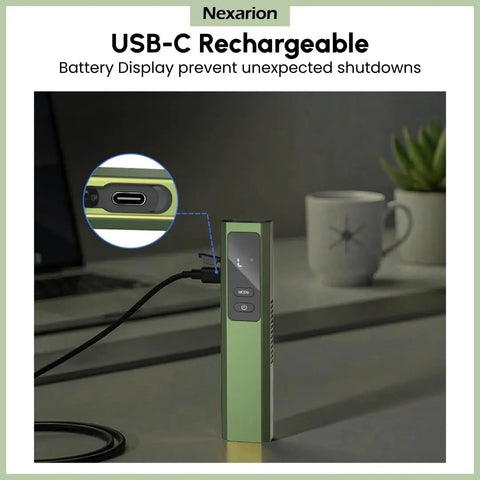 1300 Lumen Rechargeable EDC Flashlight With UV Light Green Beam Side Flood Light And Digital Display Magnetic Pocket Light, USB-C charging port in close-up.