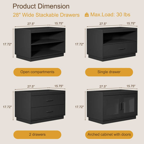 Stackable Storage Drawers 28 Inch Wide Bins With Drawers And Compartments Built From Engineered Wood With A Sleek Metal Handle Modern Large Storage Units For Living Room Hallway Black showcasing four configurations.
