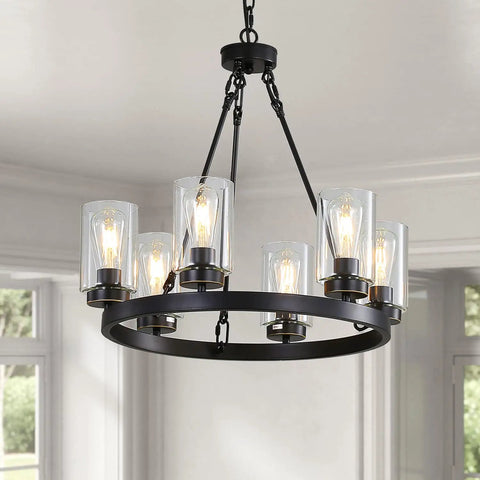 Six Light Industrial Rustic Farmhouse Wagon Wheel Chandelier In Black Metal With Clear Glass Shades Dope Round Dining Room Light Fixture For Kitchen Island Living Room And Entryway, side view showing black metal and glass detail.