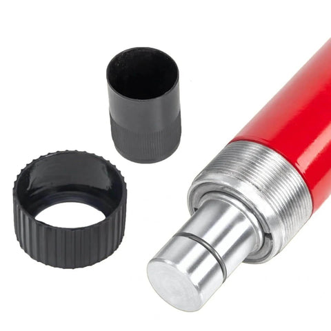 Close-up of red Beastly 10 Ton Hydraulic Porta Power Lift Kit With Ram for auto body frame repair showing metal connections and caps.