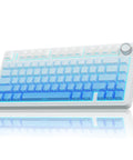 Rock Solid Gasket Mechanical Keyboard With Hot Swappable Switches And Wireless Bluetooth Dual Mode For A Tight Desk Setup Featuring Volume Dial Five Layer Dampening And Fresh Blue Rgb Backlighting For Effortless Typing And Gaming, side view with blue RGB backlighting.