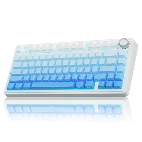 Rock Solid Gasket Mechanical Keyboard With Hot Swappable Switches And Wireless Bluetooth Dual Mode For A Tight Desk Setup Featuring Volume Dial Five Layer Dampening And Fresh Blue Rgb Backlighting For Effortless Typing And Gaming, side view with blue RGB backlighting.