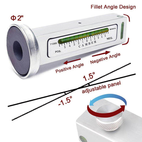 Adjustable Magnetic Camber Gauge Tool For Vehicle Suspension And Wheel Alignment, showing positive and negative angle measurements