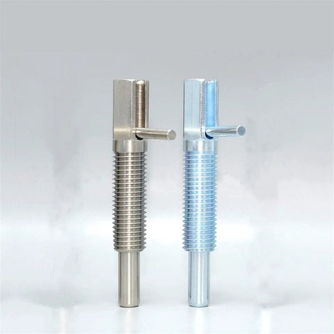 Heavy Duty Stainless Steel Indexing Plunger With Coarse Thread Screw Lever Locking Pin Shop Rated And Built To Keep Things Dead Center During The Daily Grind For Precision M16 Fit, side view of two plunger types.