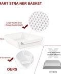 White smart strainer basket with larger area and deeper depth, featuring a handle and unique structure for better efficiency.