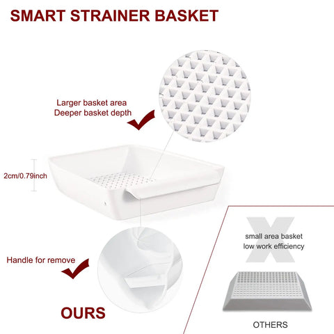 White smart strainer basket with larger area and deeper depth, featuring a handle and unique structure for better efficiency.