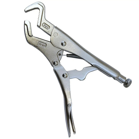 Heavy Duty Parrot Nose Locking Pliers For Welding Grip Clamping Pipes And Bolts With Adjustable Serrated Jaws For Vehicle Body Repair And Shop Maintenance Hand Tool Workhorse in silver steel finish.