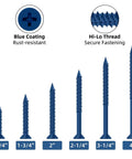 One Quarter Inch By Six Inch Heavy Duty Concrete Screw Anchor Set With Blue Ruspert Coating For Masonry Brick Block Cement Or Stucco Flat Head Screws With High And Low Threads And Wide Serrated Threads 30 Piece shown with different sizes.